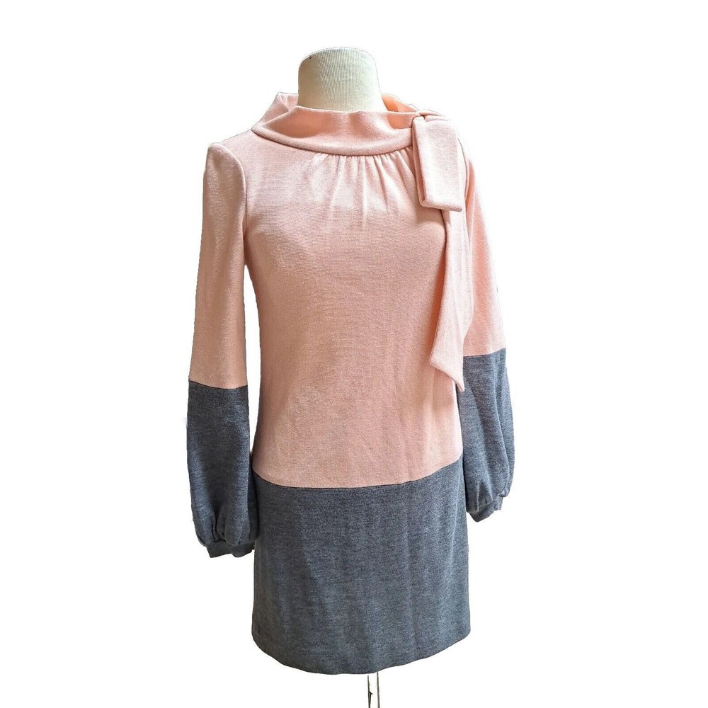 MILLY New York Color Block Pink Peach Gray Knit Bow Sweater Dress